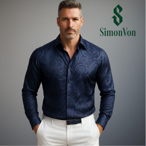 Mens Shirts: Midnight Blue Paisley Windsor Collar Shirt-CY-0402