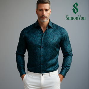 Men's Dark Cyan Vintage Floral Long Sleeve Dress Shirt- CY-9006