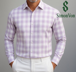 Mens Shirts: Simon Von Button Down Shirt Purple White Plaid Men's Long Sleeve Shirt-CY-1930