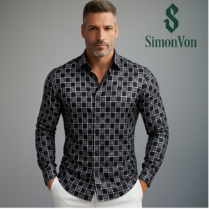 Simon Von Grey Black Plaid Men's Button Up Dress Shirt-CY-9012