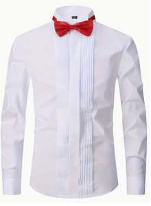 Mens Shirts: Men's Solid Colour Turndown Collar Dress Shirt For Banquet Wedding Bridesman With Two Ties (One Black And One Red) And With Random Cufflinks-YK37622