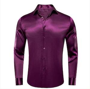 Mens Shirts: New Purple Satin Silk Men's Long Sleeve Shirt-CY-0521
