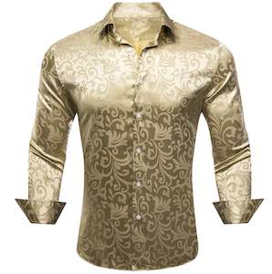 Mens Shirts: Simon.Von Champagne Gold Paisley Silk Men's Long Sleeve Shirt- CY-0689