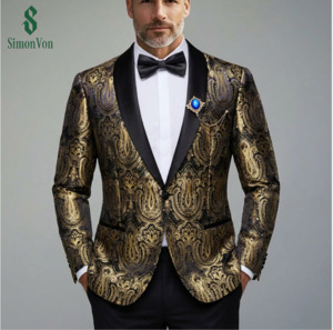 Recommended Seguno: Black Shawl Lapel Golden Blue Gold Paisley Blazer- XX-0157