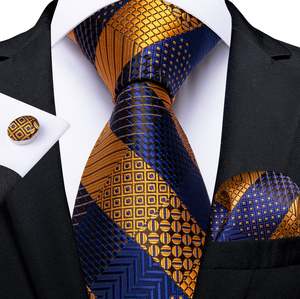 Orange Blue Plaid Tie Pocket Square Cufflinks Set- N-7329