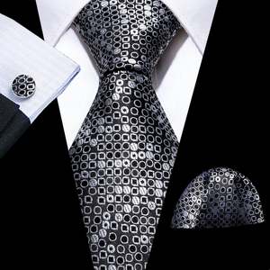 Best Selling Collection: Black White Round Floral Silk Tie Handkerchief Cufflinks Set-N-6103