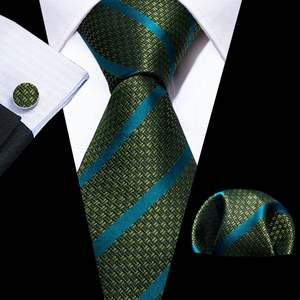 Best Selling Collection: Green Blue Striped Silk Tie Handkerchief Cufflinks Set- N-5845