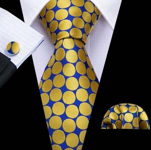 Best Selling Collection: New Yellow Blue Polka Dot Silk Tie Hanky Cufflinks Set-N-5333