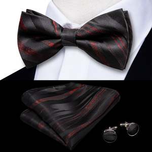 Best Selling Collection: RED BLACK PAISLEY SELF-BOWTIE POCKET SQUARE CUFFLINKS SET-LH-0565