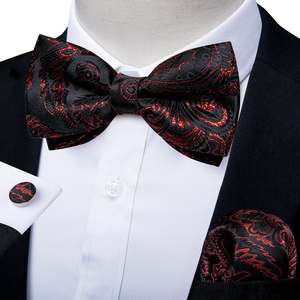 Best Selling Collection: Black Red Paisley Pre-tied Bow Tie Hanky Cufflinks Set-LH -0169