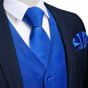 Best Selling Collection: BLUE  SOLID SATIN WAISTCOAT VEST TIE HANDKERCHIEF CUFFLINKS SET- MD-0315