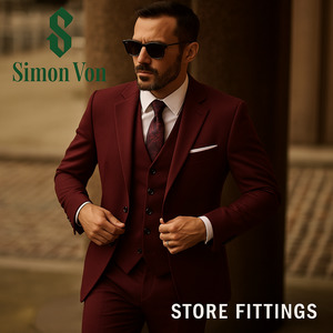Suits: Men's 3-Piece Suit Set -Slim Fit with Lapel Collar, Stretch Fabric, Solid Color Burgundy -CJ224111