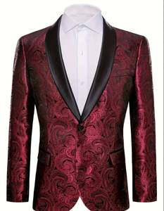 Blazers: Simon Von  Stylish Paisley Print One Button Blazer - Dark Red -GH191446