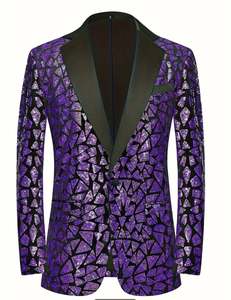 Blazers: Men's White Geometric Sequin Long Sleeve Blazer-QG297573