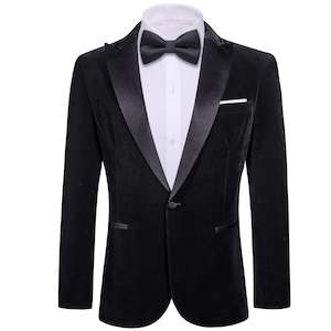 Blazers: Simon Von Men's Suit Classic Black Solid Silk Peak Collar Blazer Suit-XX-0059
