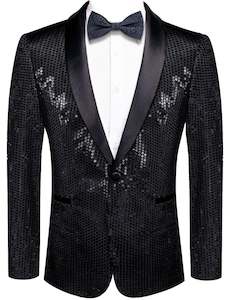 Sequin Black Solid Jacket with Black Shawl Collar  - XX-1081