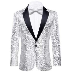 Blazers: Simon Von Luxury White Grey Floral Men's Suit Blazer-XX-0110