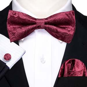 Bow Tie Set: WINE RED PAISLEY BOWTIE POCKET SQUARE CUFFLINKS SET-LH-0959
