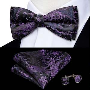 Bow Tie Set: Black Purple Blue Paisley Pre-tied Bow Tie Hanky Cufflinks Set-LH-0566