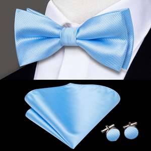 Light Blue Striped Pre-tied Bow Tie Hanky Cufflinks Set-LH-2514