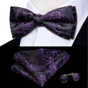 Bow Tie Set: Black Purple Blue Paisley Pre-tied Bow Tie Hanky Cufflinks Set-LH-0566