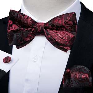 Bow Tie Set: BLACK CLARET FLORAL SILK MEN'S PRE-BOWTIE POCKET SQUARE CUFFLINKS SET- LH-7090
