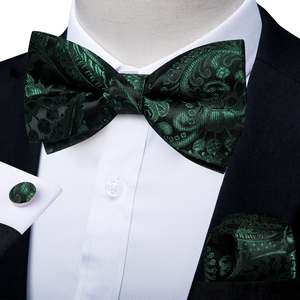 Bow Tie Set: BLACK GREEN FLORAL SILK BOWTIE POCKET SQUARE CUFFLINKS SET-LH-7086