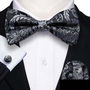 Bow Tie Set: Black Silver Floral Silk Bowtie Pocket Square Cufflinks Set LH-0937