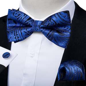 Bow Tie Set: Blue Paisley Pre-tied Bow Tie Hanky Cufflinks Set- LH-0171