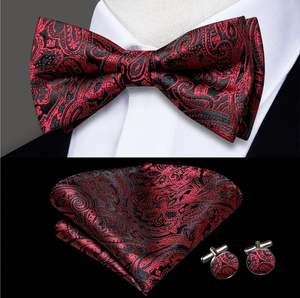 Red Black Paisley Silk Bow Tie Hanky Cufflinks Set-LH-0574