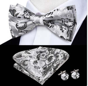 White Grey Floral Silk Pre-tied Bow Tie Hanky Cufflinks Set-LH-2522