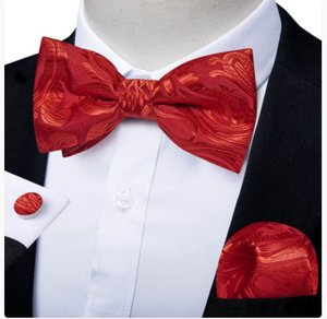 Bow Tie Set: Red Paisley Pre-tied Bow Tie Hanky Cufflinks Set-LH-0170