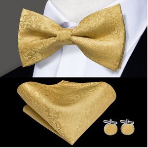 Gold Paisley Pre-tied Bow Tie Hanky Cufflinks Pin Set- LH-0512