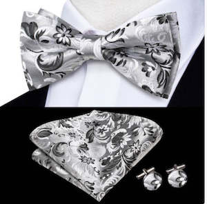 Bow Tie Set: White Grey Floral Silk Pre-tied Bow Tie Hanky Cufflinks Set-LH-2522