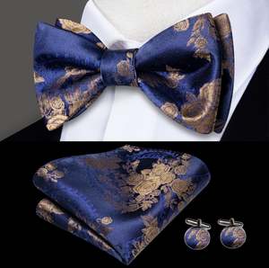 Blue Gold Paisley Self  Bowtie Pocket Square Cufflinks Set- LH-2114