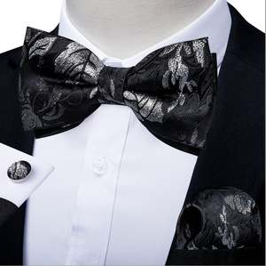 Bow Tie Set: Black White Flower Silk Bowtie Pocket Square Cufflinks Set- LH-0156