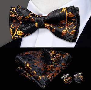 Bow Tie Set: Black Gold Floral Silk Bowtie Pocket Square Cufflinks Set- LH-0573