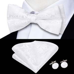 Bow Tie Set: White Paisley Silk Bowtie Pocket Square Cufflinks Set- LH-0581