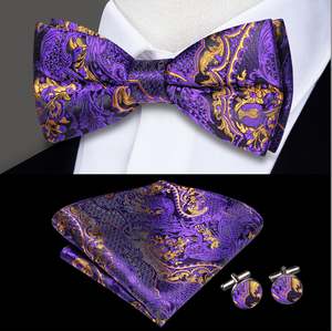 Purple Gold Silk Bowtie Pocket Square Cufflinks Set- LH-0584