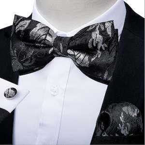 Bow Tie Set: Black White Flower Silk Bowtie Pocket Square Cufflinks Set- LH-0156