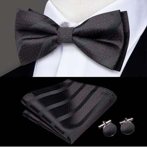 Bow Tie Set: Black Red Dot Silk Bowtie Pocket Square Cufflinks Set-LH-2527