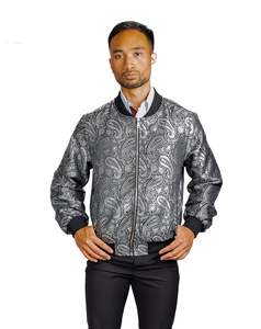 Jackets: Black Grey Paisley Men's Urban Lightweight Zip Jacket Casual-JK-0002