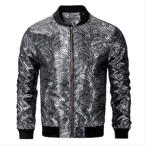 Jackets: Black Grey Paisley Men's Urban Lightweight Zip Jacket Casual-JK-0002