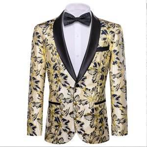 School Ball Youth Events: Black Gold Floral Suit Jacket Slim One Button Stylish Blazer-XX-0033