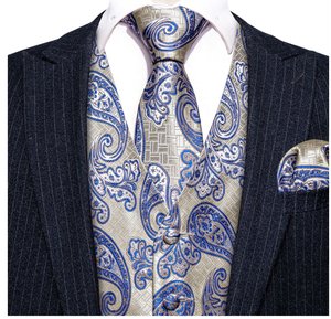 Classy Silver Blue Paisley Silk Vest Necktie Pocket Square Cufflinks Set- MJ-2589
