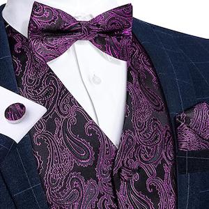 Black Purple Men Paisley Floral Jacquard Waistcoat Set Vest & Bow Tie Pocket Squ&hellip;
