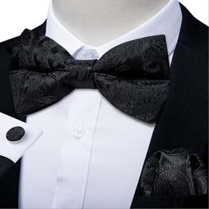 Formal Black Tie Events: Black Floral Silk Bowtie Pocket Square Cufflinks Set- LH-7019