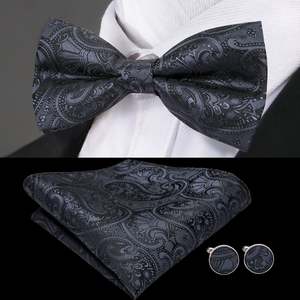 Black Paisley Silk Bow Tie Pocket Square Cufflinks Set-LH-0718