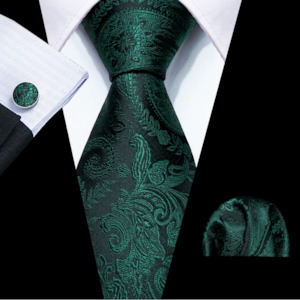 Mens Silk Tie Handkerchief Cufflinks Set: Dark Green  Paisley Silk Mens Tie Pocket Square Cufflinks Set- N-8358