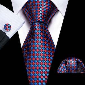 Red  Blue Plaid Silk Tie Handkerchief Cufflinks Set- N-6122